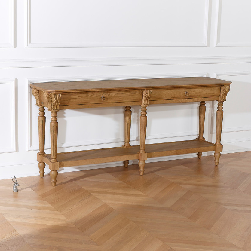 CLAUDE – Grande console double style shabby chic, plateau en chêne, 2 tiroirs