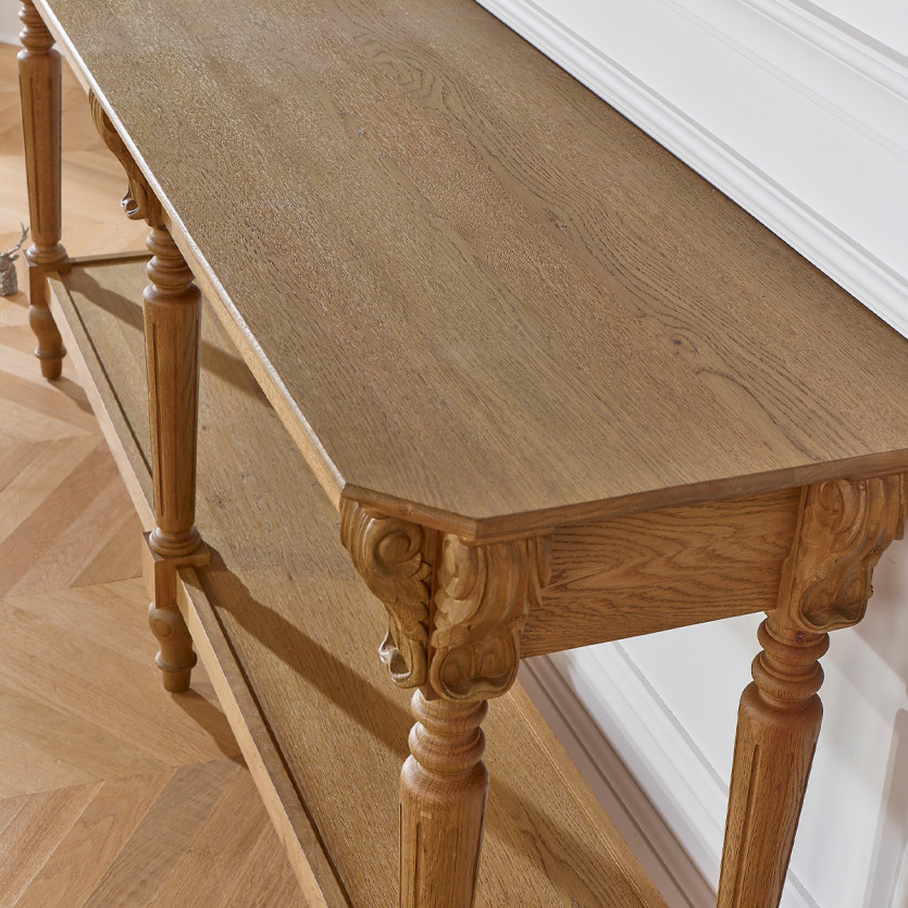 CLAUDE – Grande console double style shabby chic, plateau en chêne, 2 tiroirs