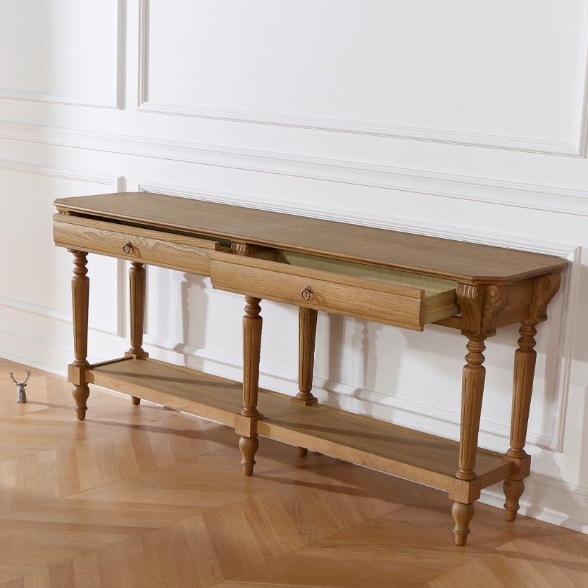 Gran consola doble CLAUDE – Estilo shabby chic, tablero de roble, 2 cajones