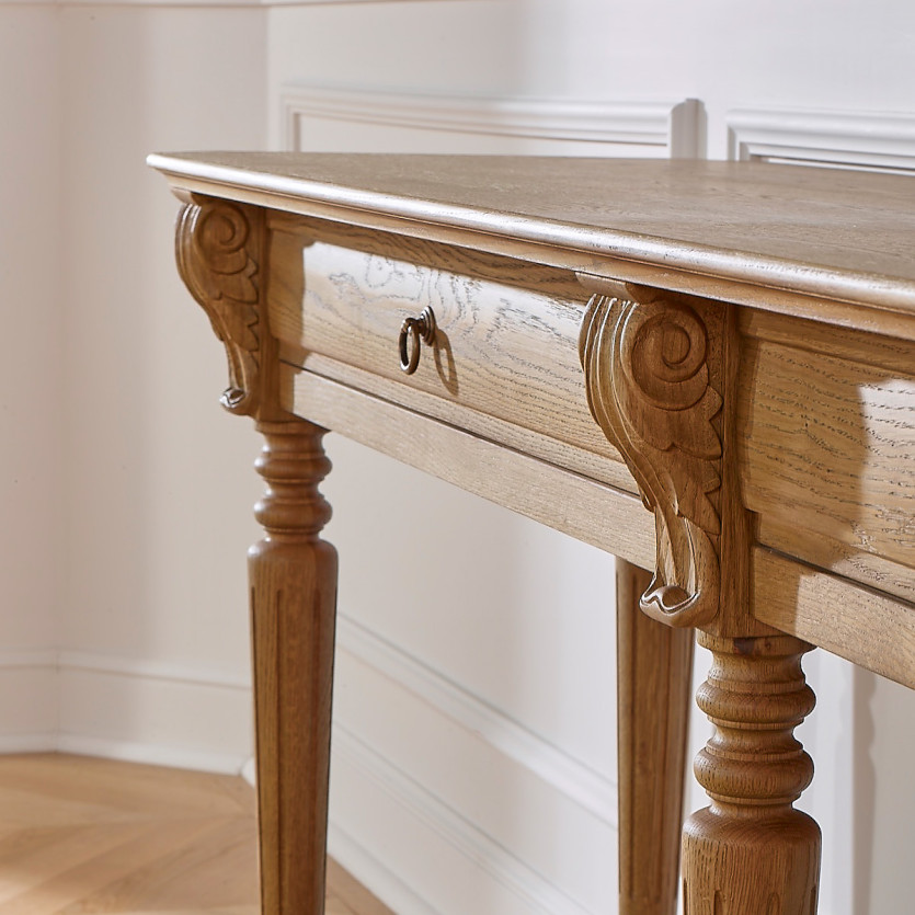 Grande console double CLAUDE – Stile shabby chic, piano in rovere, 2 cassetti