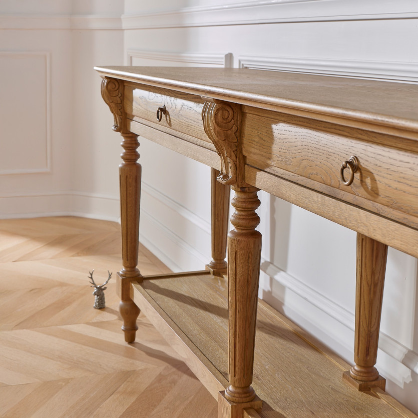 CLAUDE – Grande console double style shabby chic, plateau en chêne, 2 tiroirs