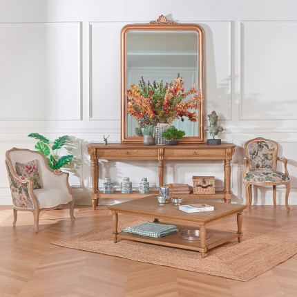 Console double CLAUDE – Style shabby chic, plateau en chêne, 2 tiroirs