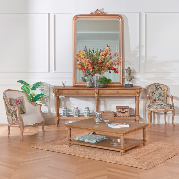 Large Double Console CLAUDE – Shabby Chic Style, Oak Top, 2 Drawers