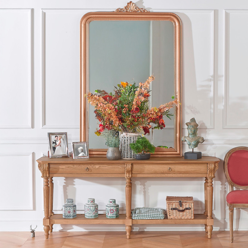 Console dupla CLAUDE – Estilo shabby chic, tampo de carvalho, 2 gavetas