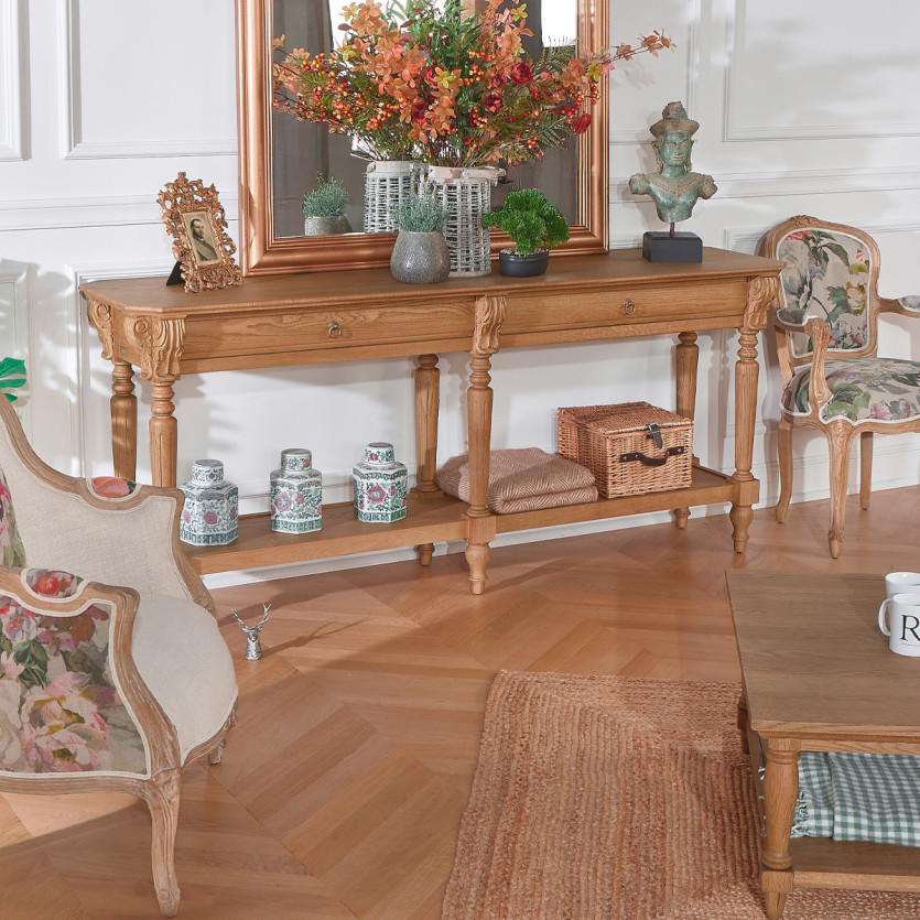 CLAUDE – Grande console double style shabby chic, plateau en chêne, 2 tiroirs