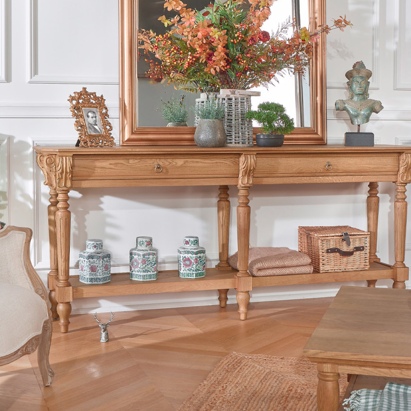 CLAUDE – Grande console double style shabby chic, plateau en chêne, 2 tiroirs
