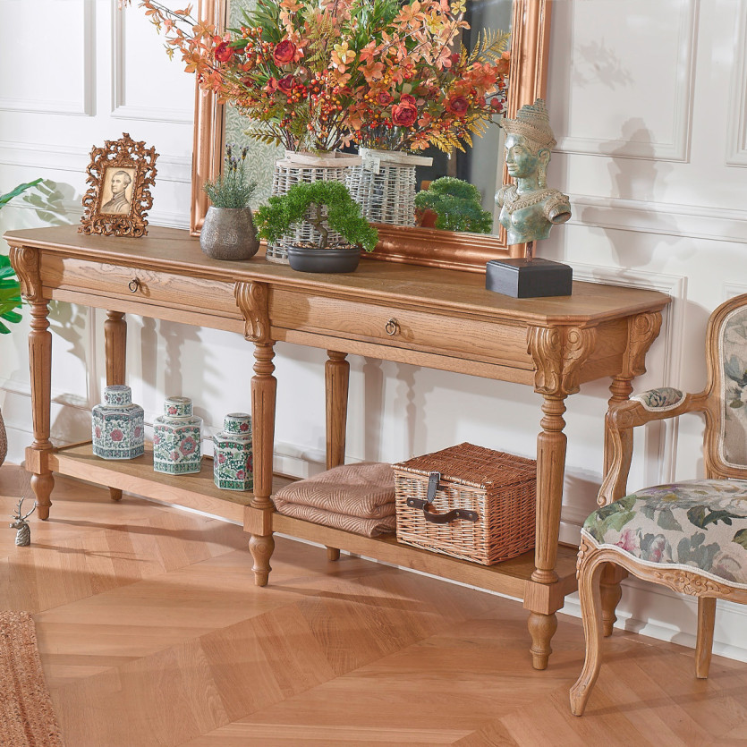 Gran consola doble CLAUDE – Estilo shabby chic, tablero de roble, 2 cajones