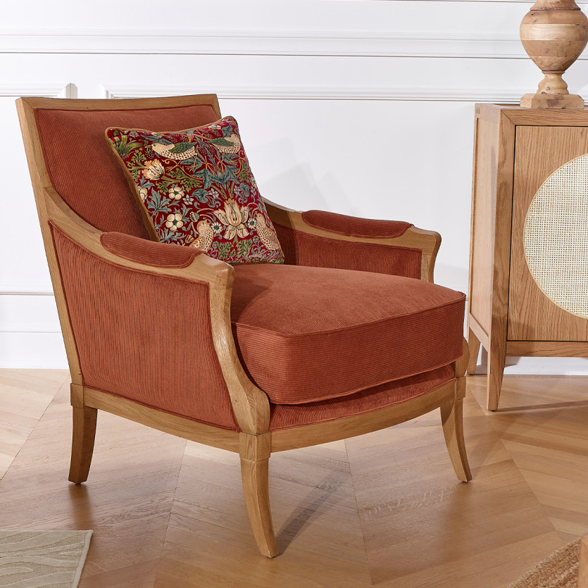 Sillón MONTANA - Estilo contemporáneo en roble y tela de terciopelo acanalado