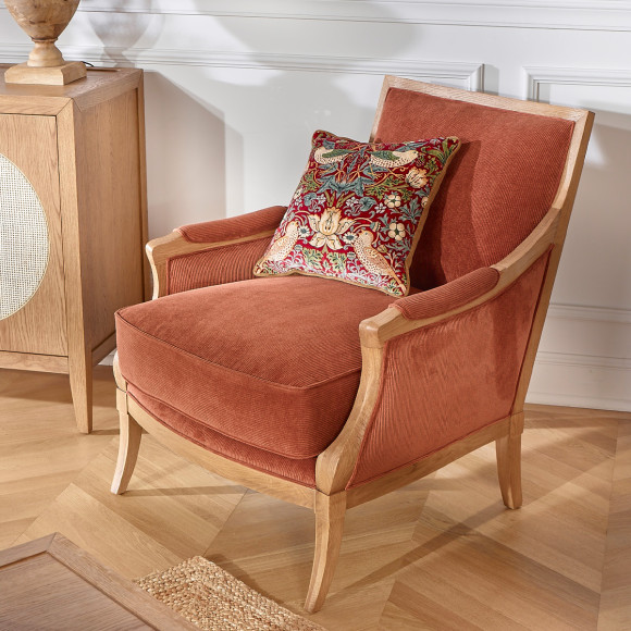 MONTANA - Eigentijdse fauteuil van massief eikenhout en ribfluweel stof