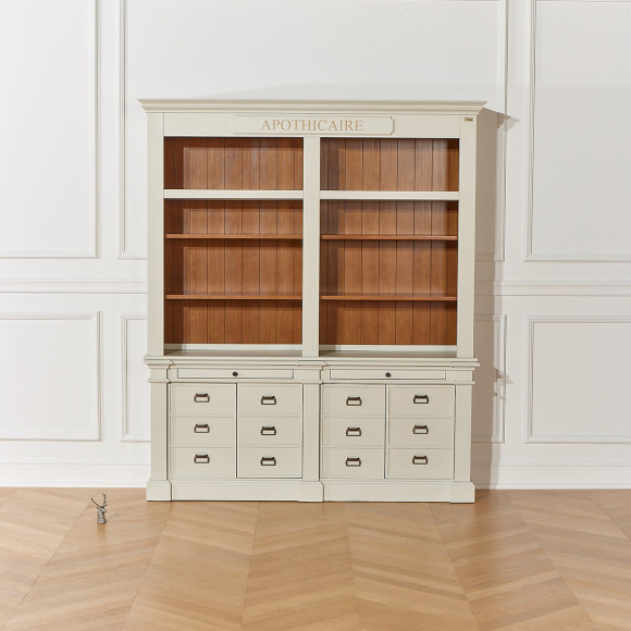 GUSTAVE - Libreria aperta in stile classico, 4 porte, 8 ripiani, 2 cassetti, legno certificato FSC®