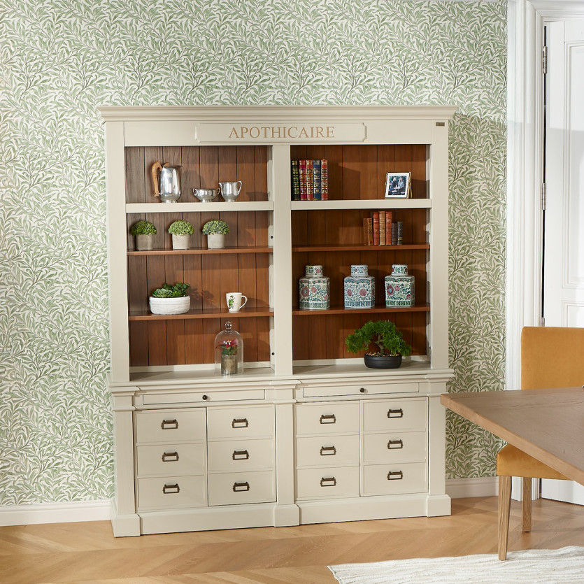 GUSTAVE - Libreria aperta in stile classico, 4 ante, 8 ripiani, 2 cassetti, legno certificato FSC®