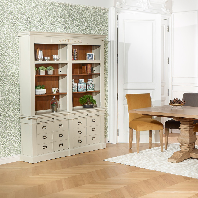 GUSTAVE - Libreria aperta in stile classico, 4 ante, 8 ripiani, 2 cassetti, legno certificato FSC®
