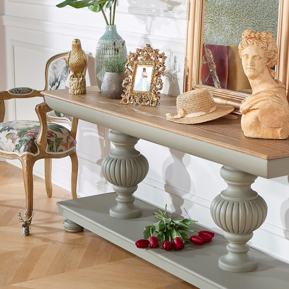 SALVADOR dining room console - Romantic style with light gray legs, oak top