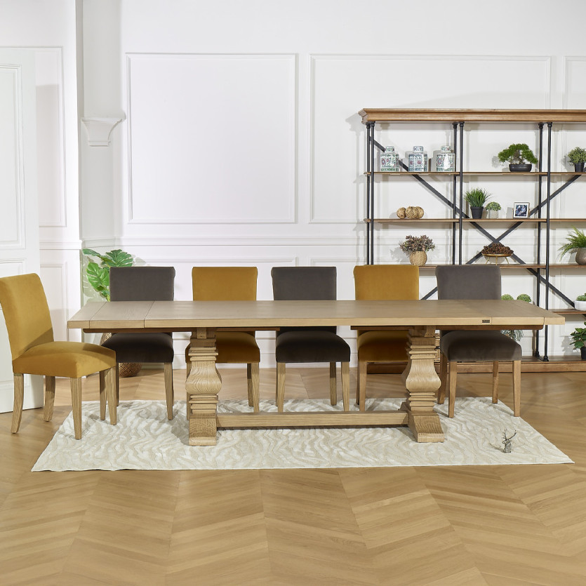 Table à manger extensible PENELOPE -  Type monastère, 2 allonges, plateau en chêne, 8/12 couverts, bois certifié FSC®