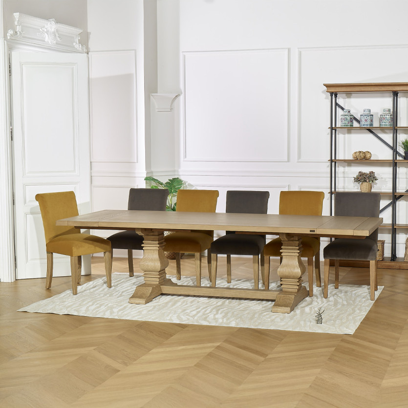 Table à manger extensible PENELOPE -  Type monastère, 2 allonges, plateau en chêne, 8/12 couverts, bois certifié FSC®