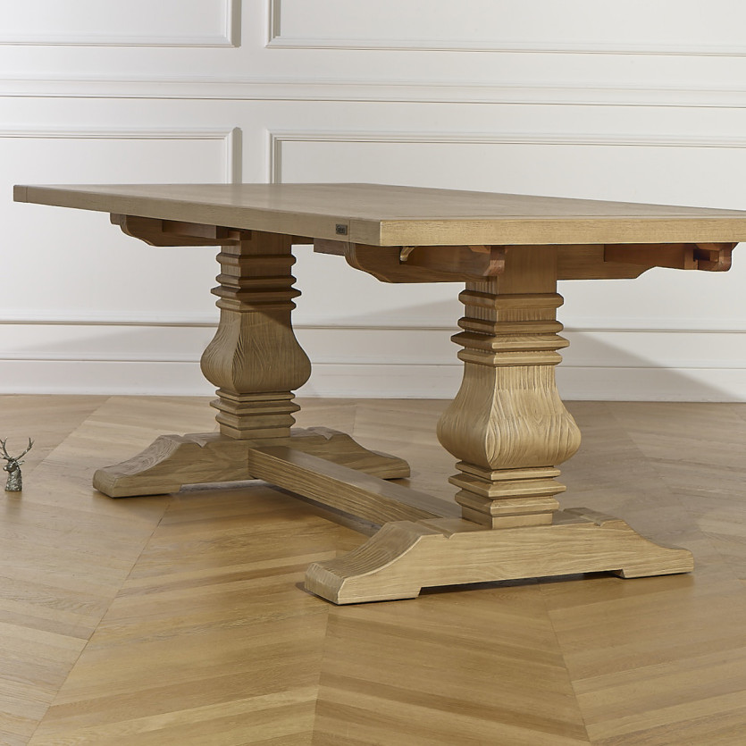 Table à manger extensible PENELOPE -  Type monastère, 2 allonges, plateau en chêne, 8/12 couverts, bois certifié FSC®