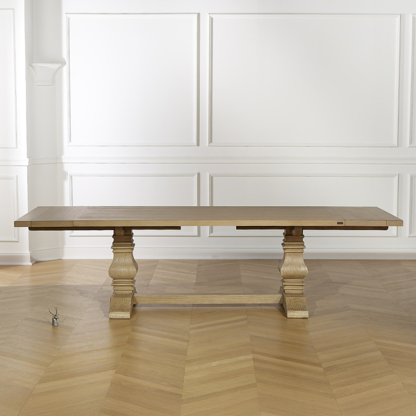 Table à manger extensible PENELOPE -  Type monastère, 2 allonges, plateau en chêne, 8/12 couverts, bois certifié FSC®