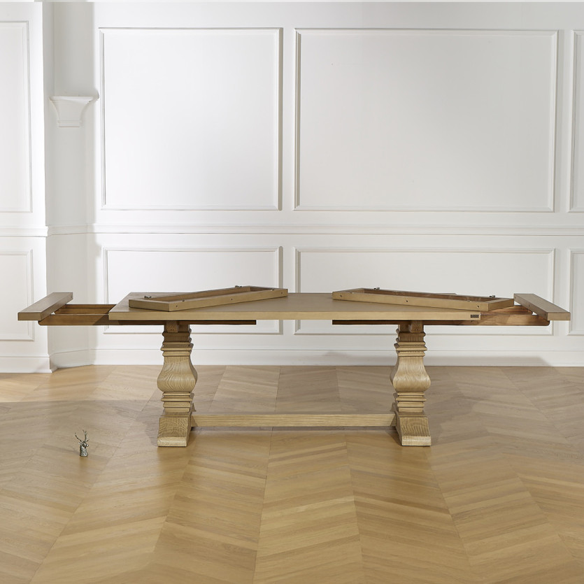 Table à manger extensible PENELOPE -  Type monastère, 2 allonges, plateau en chêne, 8/12 couverts, bois certifié FSC®