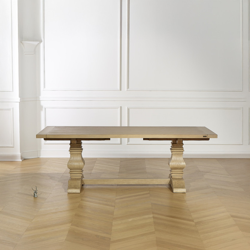 Table à manger extensible PENELOPE -  Type monastère, 2 allonges, plateau en chêne, 8/12 couverts, bois certifié FSC®