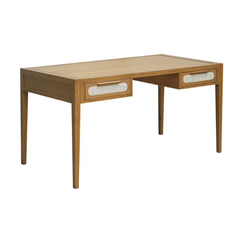 MONTANA – Modern-style desk in oak, cane webbing, and brass, 2 drawers
