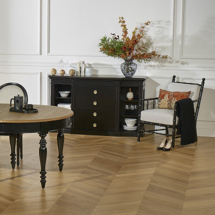 CATHERINE - Fauteuil style colonial en bois laqué noir et tissu beige, 1 place