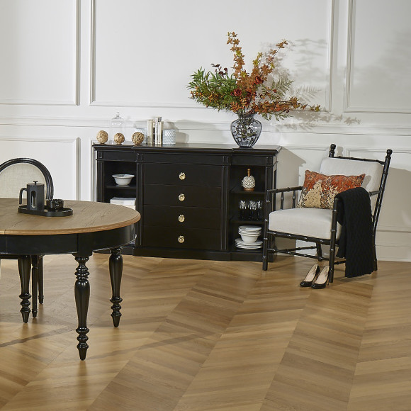 CATHERINE - Colonial style armchair in black lacquered wood and beige fabric, 1 seat