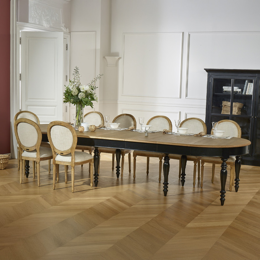 JADE – Table extensible style shabby chic, plateau en chêne, 6/14 couverts