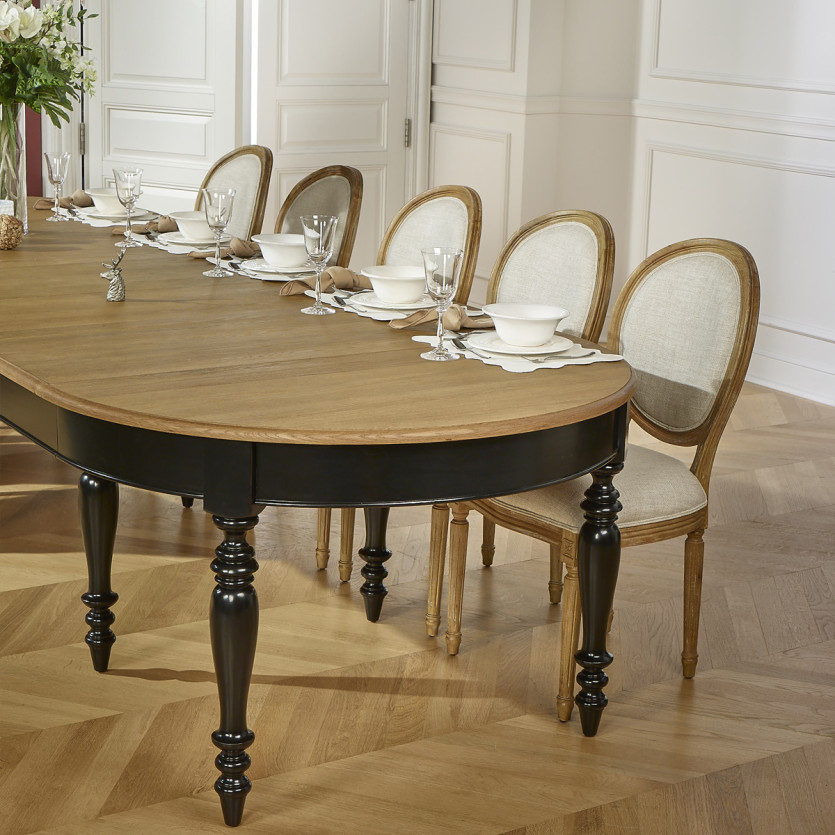 JADE – Table extensible style shabby chic, plateau en chêne, 6/14 couverts