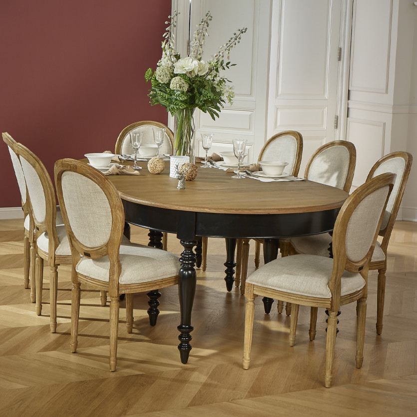 JADE – Table extensible style shabby chic, plateau en chêne, 6/14 couverts