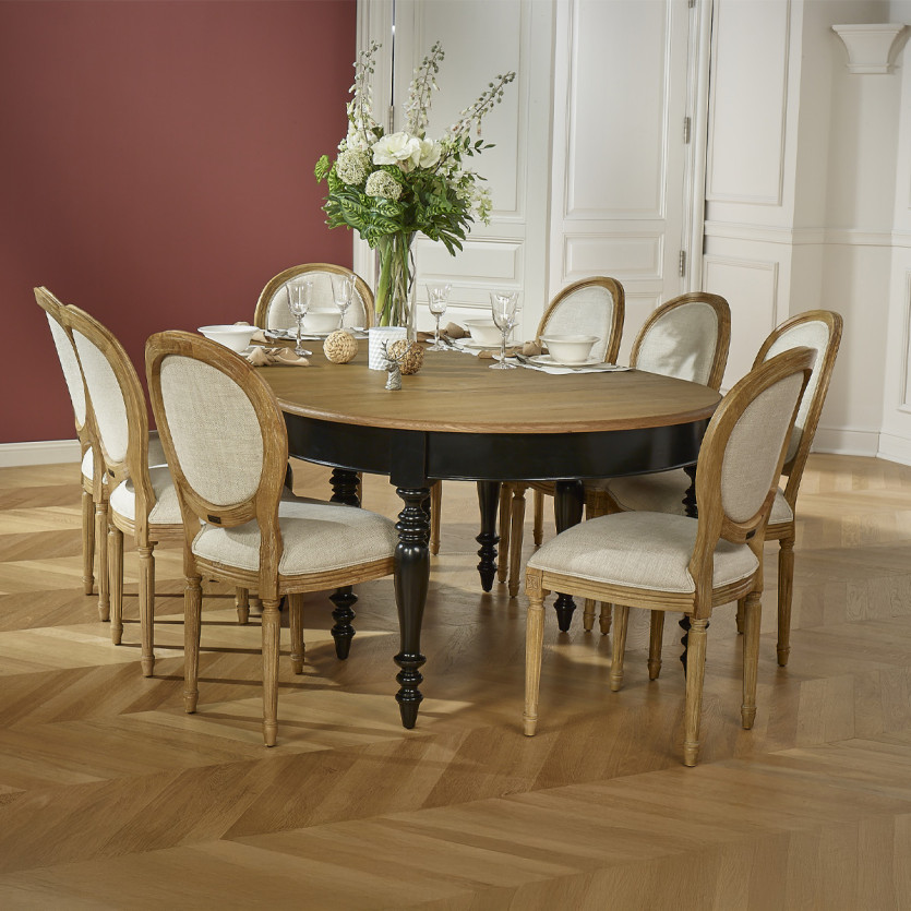 JADE – Extendable table in shabby chic style, oak top, seats 16 guests