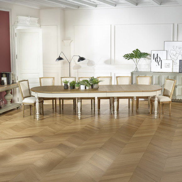 JADE - Mesa extensible estilo shabby chic, tablero de roble, 16 comensales