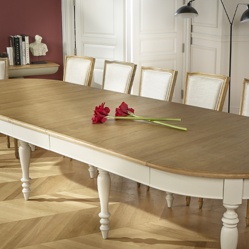 Uitschuifbare eettafel JADE – Shabby chic stijl, eiken blad, 6/14 personen