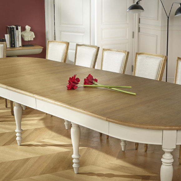 JADE – Extendable table in shabby chic style, oak top, seats 16 guests