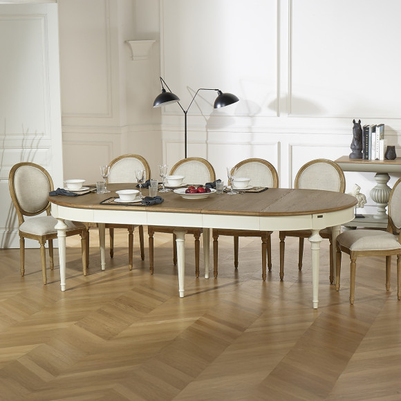 Table à manger extensible AMBRE - Style shabby chic, plateau en chêne, 4/10 couverts