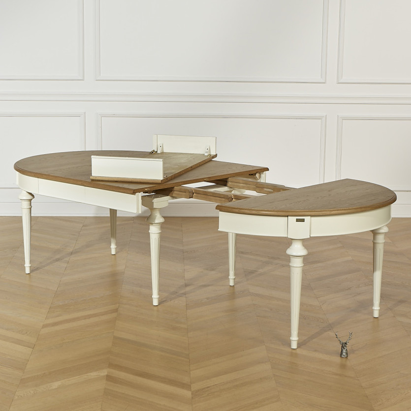 Extendable dining table AMBRE - Shabby chic style, oak top, 4/10 place settings