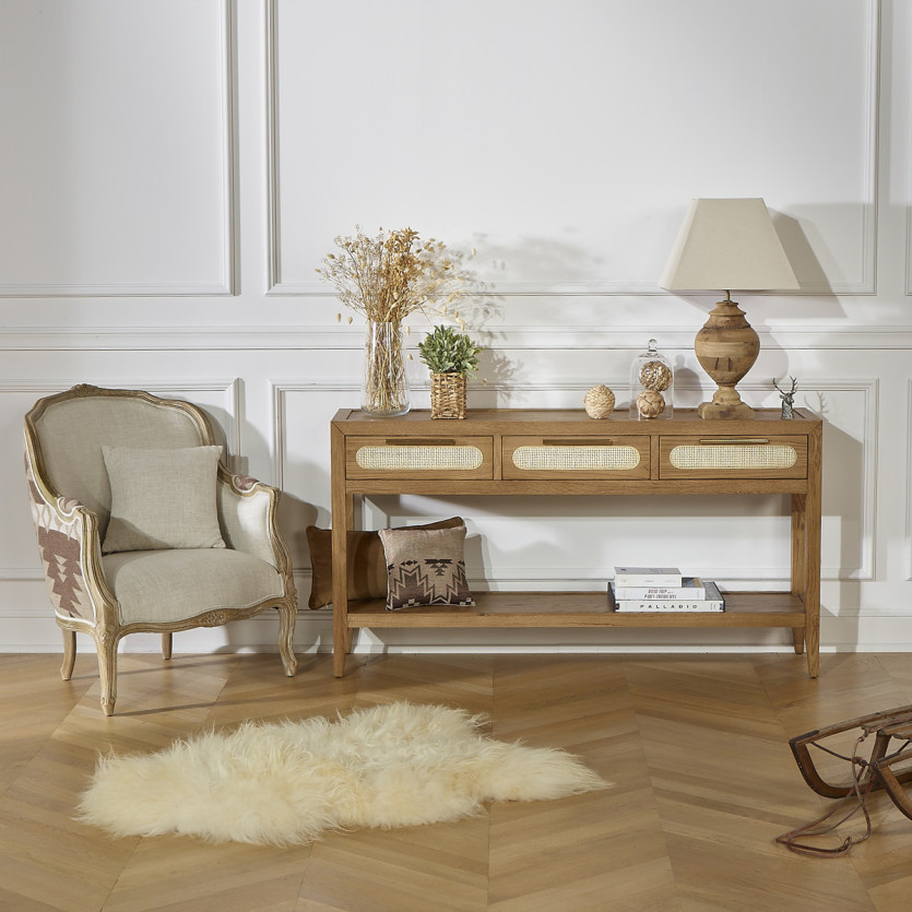 MONTANA - Console meuble entrée style moderne, plateau en chêne, 3 tiroirs, 1 étagère