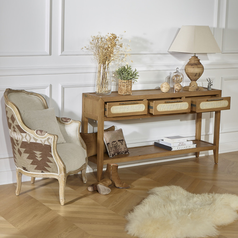 MONTANA - Console meuble entrée style moderne, plateau en chêne, 3 tiroirs, 1 étagère