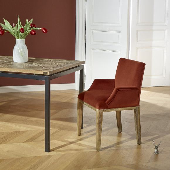 CLARK - Fauteuil de table design en bois massif et tissu velours polyester, 1 place