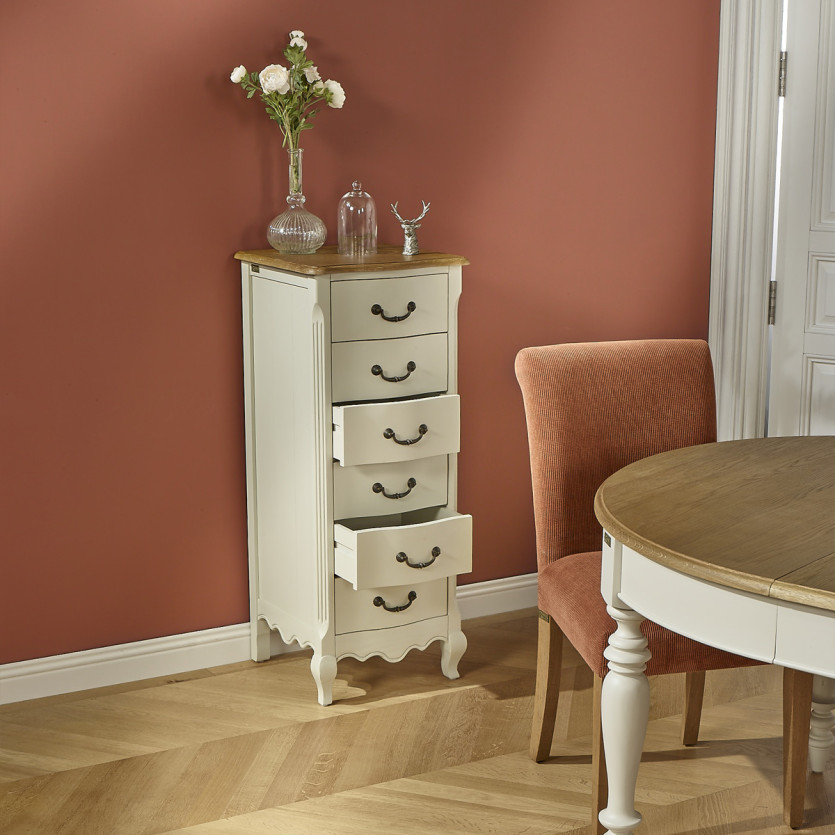 ORIANE – Colonna di stoccaggio stile romantico, piano in rovere, 6 cassetti, legno certificato FSC®