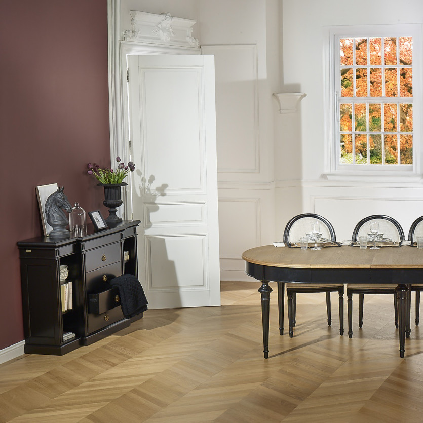 Ausziehbarer Esstisch AMBRE - Shabby-Chic-Stil, Eichentischplatte, 4/10 Gedecke