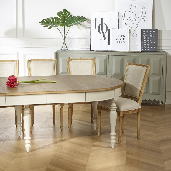 Chaises Marie Antoinette,  patine bois cérusé grisé, lin prémium