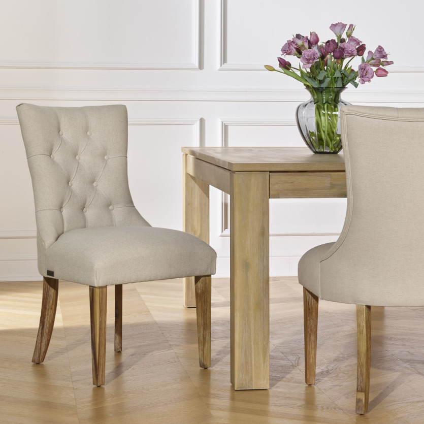 OPHELIA - Lot de 2 chaises capitonnées style moderne, bois massif et tissu en lin, bois certifié FSC®