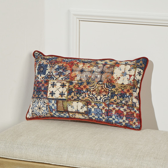 MOSAIQUE - Coussin rectangulaire style shabby chic en velours de coton et motifs floraux, 50 x 30 cm