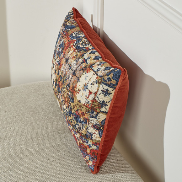 MOSAIQUE - Coussin rectangulaire style shabby chic en velours de coton et motifs floraux, 50 x 30 cm