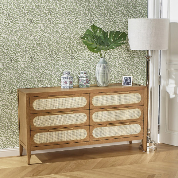 MONTANA - Commode en chêne et cannage style moderne, 6 tiroirs