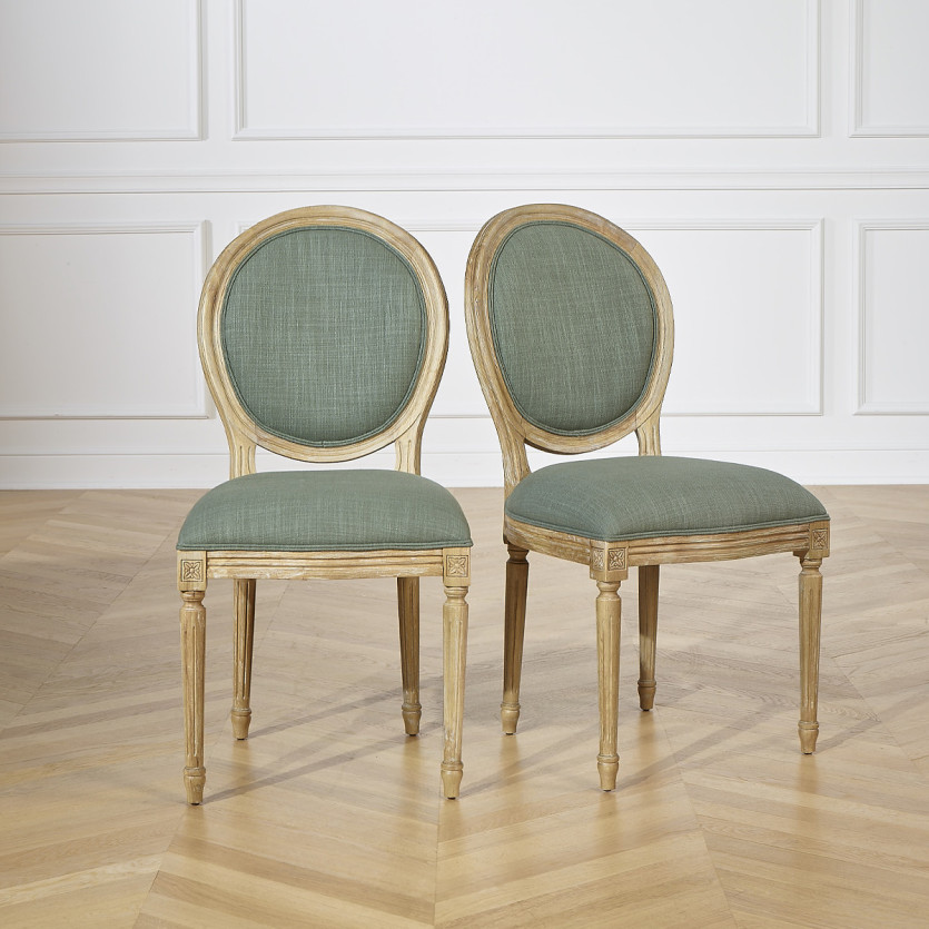Set of 2 MEDAILLON SAUGE chairs - Louis XV style in sage green fabric and solid wood