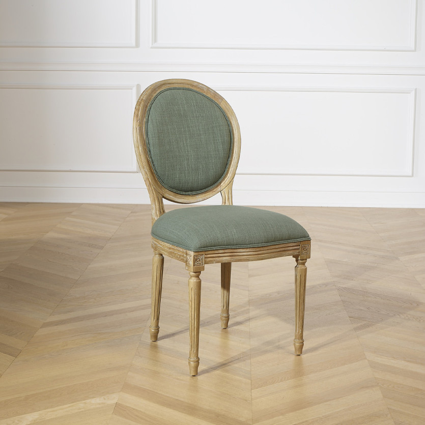Set of 2 MEDAILLON SAUGE chairs - Louis XV style in sage green fabric and solid wood