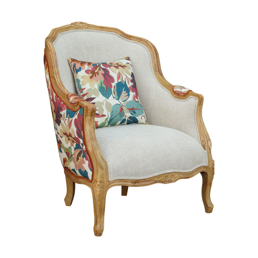 VICTOR ROBIN WOOD – Sillón bergère de estilo country chic, madera maciza, lino y tejido con estampado vegetal, 1 plaza