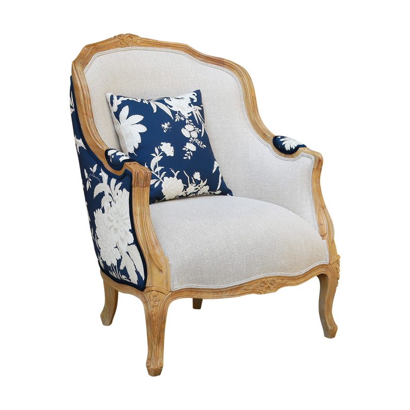 VICTOR TEA HOUSE - Fauteuil bergère style shabby chic en bois massif et tissu fleuri bleu nuit, 1 place