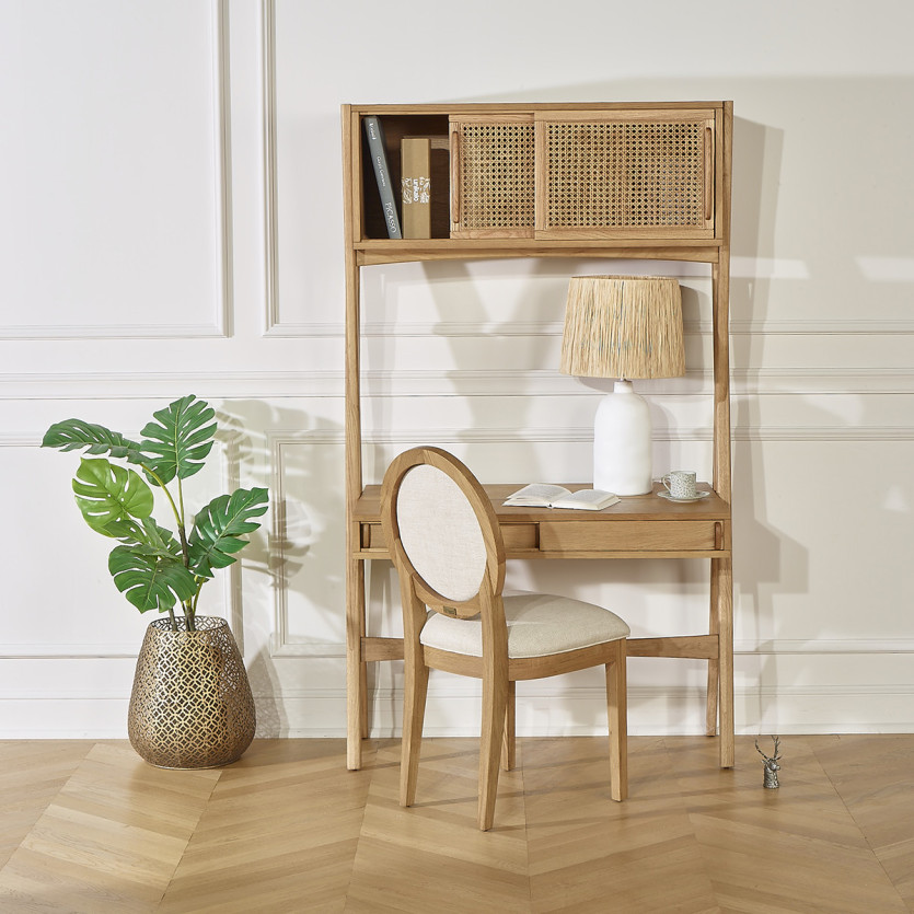 KITTY - Modern style shelf desk in wood and cane, 1 cabinet, 1 drawer